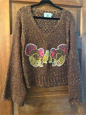 Judith March Brown Speckled V-Neck Sweater with Colorful Turkey Appliqués